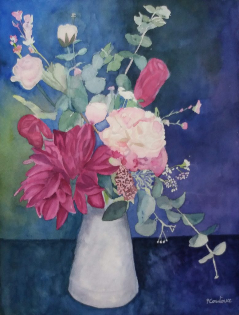 bouquet sur fond bleu aquarelle 50×40 cm  pcoutoux